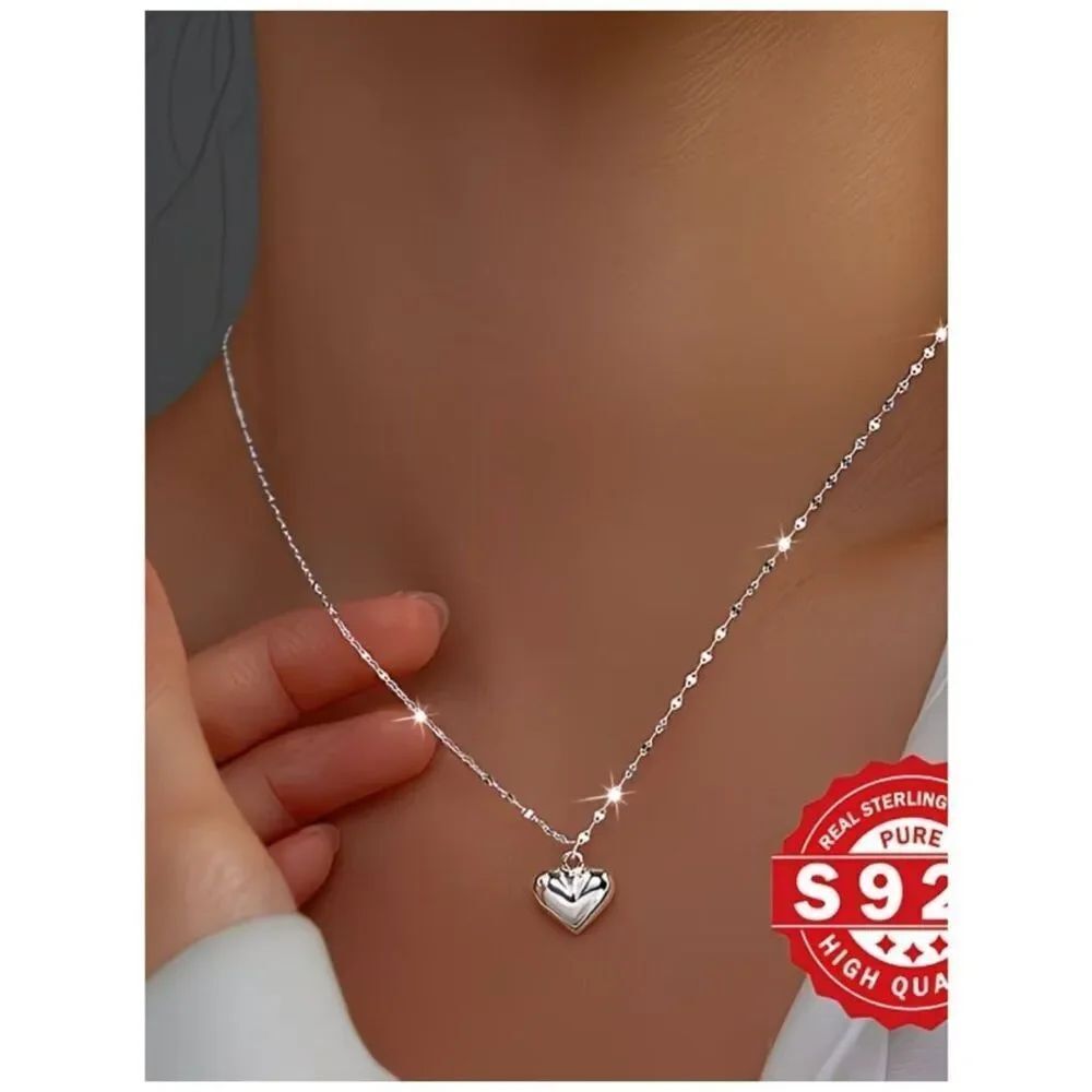 NWT-Necklace 925 Sterling Silver Plate Puff Heart Pendant Lip Chain